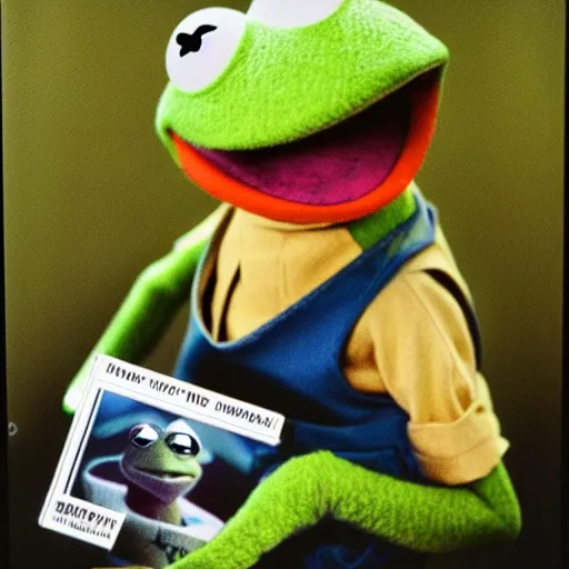 Prompt: Kermit the frog as jedi, polaroid photo, instax, white frame, by Warhol,