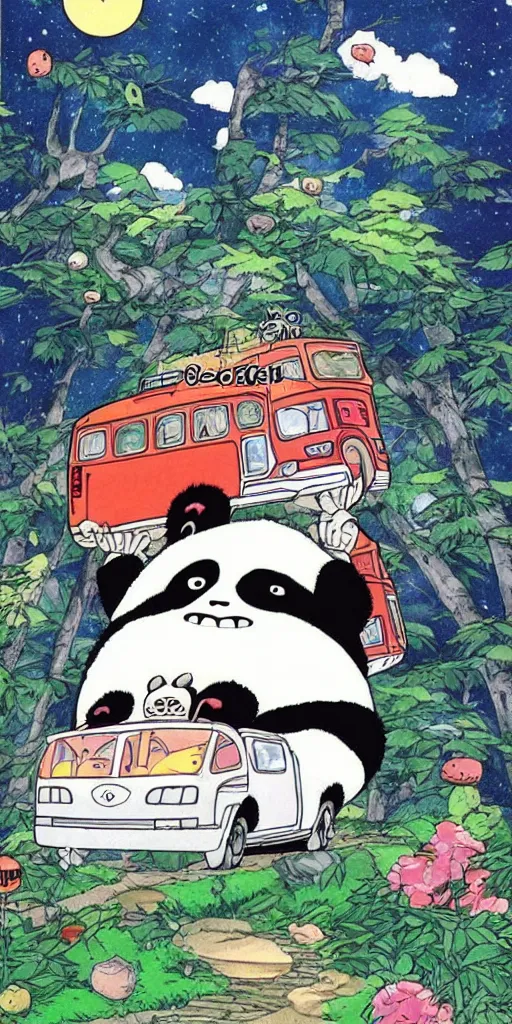 Image similar to a panda bus like totoro, 1990s anime, full color, tarot card the chariot, highly detailed,