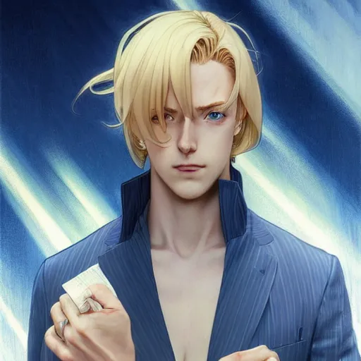 Image similar to highly detailed vfx portrait of a blond centre parting pretty boy with blue eyes by eiichiro oda, makoto shinkai, alphonse mucha, sakimichan, sharp focus, art by artgerm and greg rutkowski!, backlit, harsh overhead sunlight, detailed,