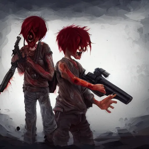 Image similar to a concept art of a boy and a girl with red hair holding a gun, zombie apocalypse, highly detailed, digital painting, artstation, concept art, smooth, sharp focus, illustration