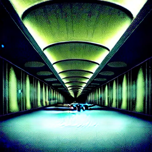 Image similar to noisy photograph of a large liminal underground garden, sky made of ceiling panels, retrofuturism, brutalism, staggered terraces, hidden area, unknown space, minimalist, cinematic, soft vintage glow, unreal engine