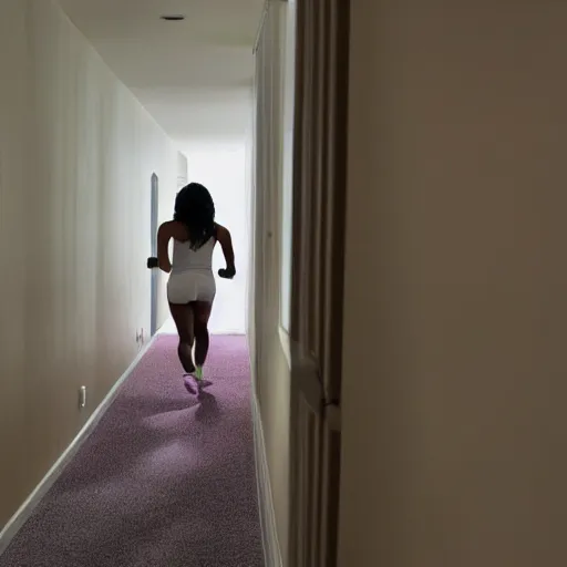 Image similar to a woman running down the hallway of her home, looking behind her