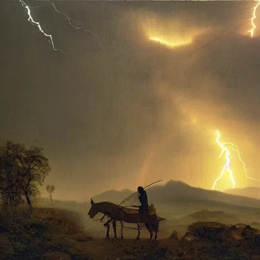 Prompt: woman on a donkey gazing at a lightning bolt in the distance in a valley, heavy rain approaching, John Harris, crisp lighting, breathtaking detail
