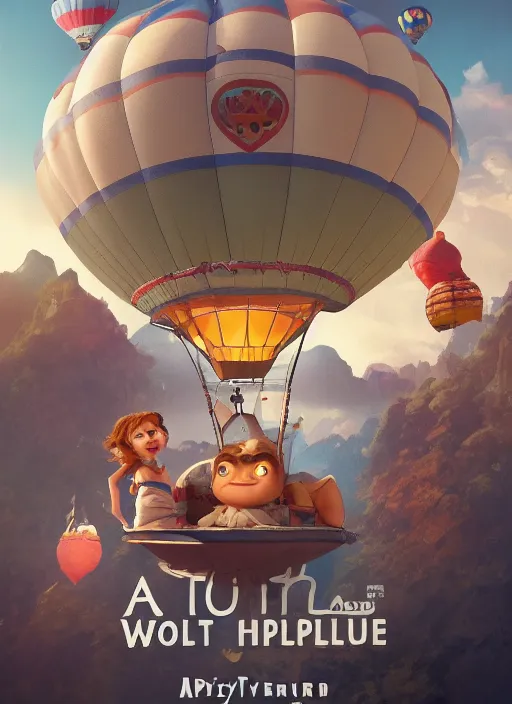 Image similar to a photo of little cute hipoppotamus inside a hot air balloon in world adventure movie by nuri iyem, james gurney, james jean, greg rutkowski, anato finnstark. pixar. hyper detailed, 5 0 mm, award winning photography, perfect faces