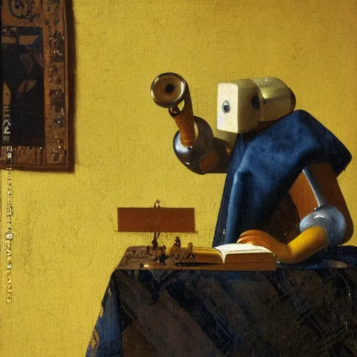 Image similar to a robot reading a book by johannes vermeer