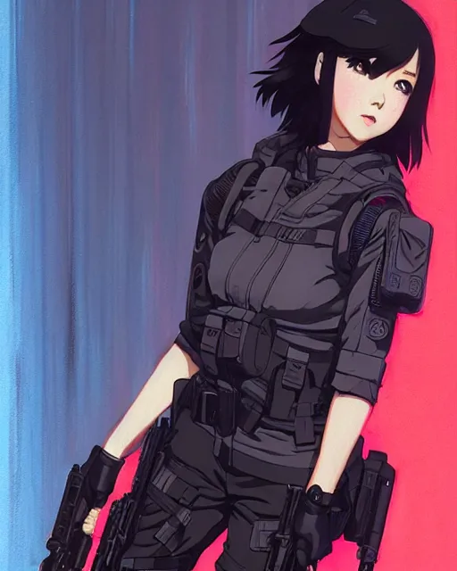 Image similar to girl wearing tactical gear | | very very anime!!!, fine - face, audrey plaza, realistic shaded perfect face, fine details. anime. realistic shaded lighting poster by ilya kuvshinov katsuhiro otomo ghost - in - the - shell, magali villeneuve, artgerm, jeremy lipkin and michael garmash and rob rey