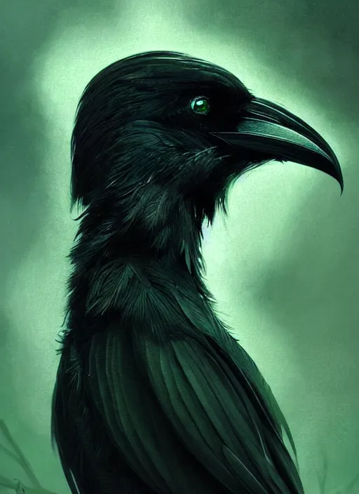 Prompt: side portrait dark crow (animal), close-up, fantasy forest landscape, moonshine, fantasy magic, nice black feather, proud, green dark light night, intricate, elegant, sharp focus, illustration, highly detailed, digital painting, concept art, matte, art by WLOP and Artgerm and Greg Rutkowski and Eddie Mendoza, masterpiece