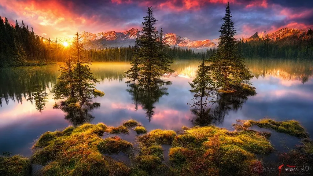 Image similar to amazing landscape photo of a forest with lake in sunset by marc adamus, beautiful dramatic lighting