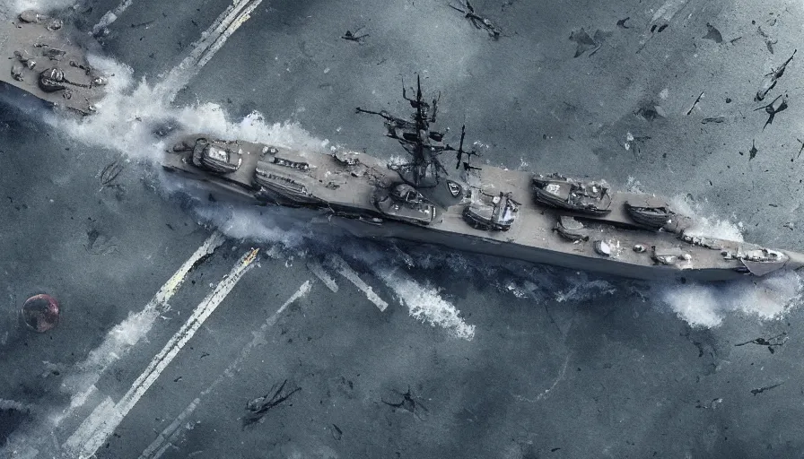 Image similar to aircraft cruiser crossing half - drowned new - york streets after huge tsunami, hyperdetailed, artstation, cgsociety, 8 k