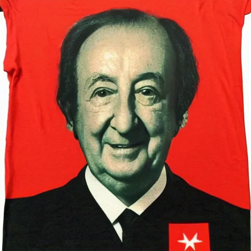 Prompt: a tee shirt on sale on vinted featuring the head of edouard balladur on a red background in the style of a rockstar