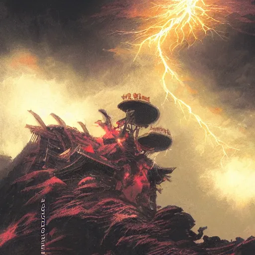 Image similar to UHD Closeup of constipated Samurai in a cosmic lightning storm on top of a mountain, painted in the style of Greg Rutkowski, Ferdinand Knab, and Todd McFarlane