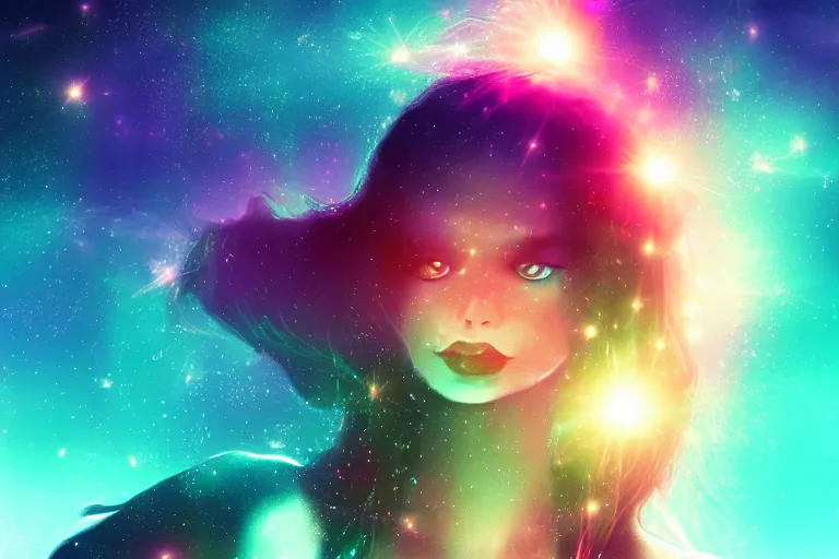 Image similar to silhouette of a girl suspended underwater with long hair, she's exploding into incredible stars and nebula, lens glare, dramatic abstract digital painting, dramatic composition, matte colors, trending on artstation