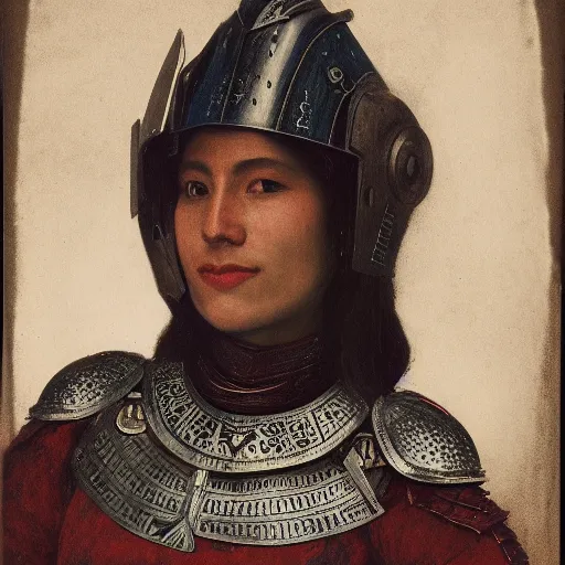 Prompt: head and shoulders portrait of a female knight, quechua, lorica segmentata, cuirass, tonalist, symbolist, realistic, ambrotype, raven, baroque, detailed, modeled lighting, vignetting, indigo and venetian red, angular, smiling