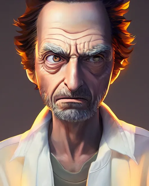 Image similar to rick from rick and morty, medium shot, visible face, detailed, perfectly shaded, perfectly shaded face, atmospheric lighting, by makoto shinkai, stanley artgerm lau, wlop, rossdraws