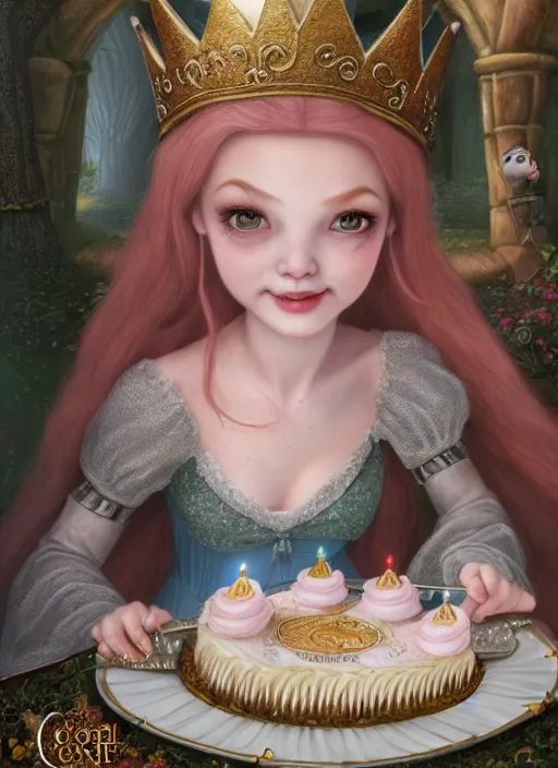 Image similar to highly detailed closeup portrait of a grinning irish fairytale medieval princess eating birthday cake, unreal engine, nicoletta ceccoli, mark ryden, lostfish, earl norem, global illumination, god rays, detailed and intricate environment