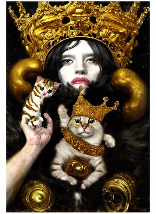 Image similar to highly detailed oil painting | very intricate | cinematic lighting | black, white and gold color scheme, dark background | a humanoid cat king with a crown | by roberto ferri, by gustav moreau, by singer sargent and klimt, american romanticism, occult art | by austin osman spare, artstation, cgsociety, official art, octane