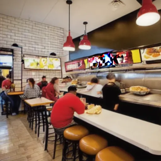 Image similar to busy wafflehouse interior with customers eating breakfast and wafflehouse employees serving food and cooking behind countertop bar that has customers sitting at