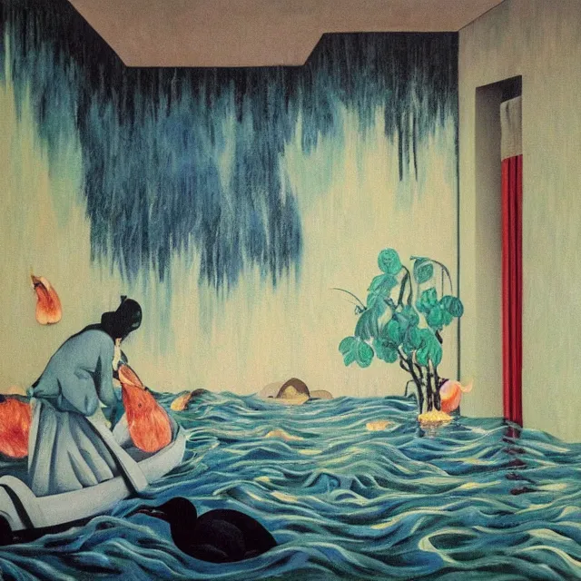 Image similar to painting of flood waters inside an apartment, tall female emo art student, a river flooding through a wall, tangelos, zen, pigs, ikebana, water, river, rapids, waterfall, black swans, canoe, pomegranate, berries dripping, acrylic on canvas, surrealist, by magritte and monet