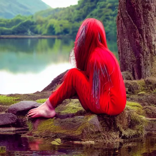 Prompt: Harpy, young woman, red feathered wings, wearing Inka clothes, sad expression, sitting at a pond, mountainous area, trees in the background, trending on artstation