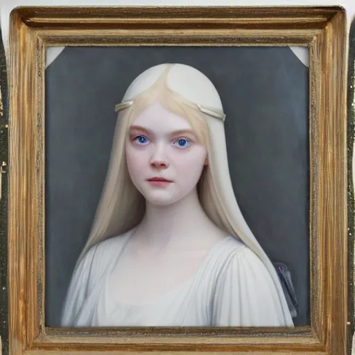 Prompt: Painting of Elle Fanning in Star Wars, delicate, pale milky white porcelain skin, by Edmund Leighton. 8K. Extremely detailed.