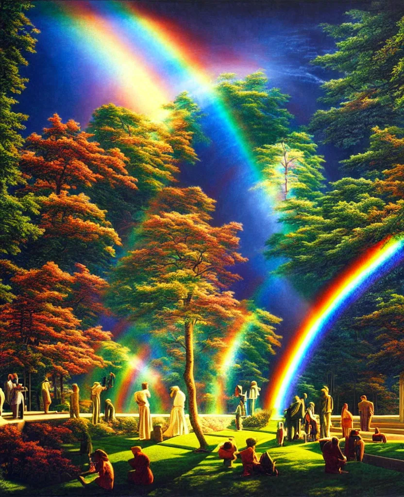 Image similar to a beautiful future for humanity, spiritual evolution, science, divinity, utopian, heaven on earth, gardens, gazebos of light, rainbows, by david a. hardy, wpa, public works mural, socialist