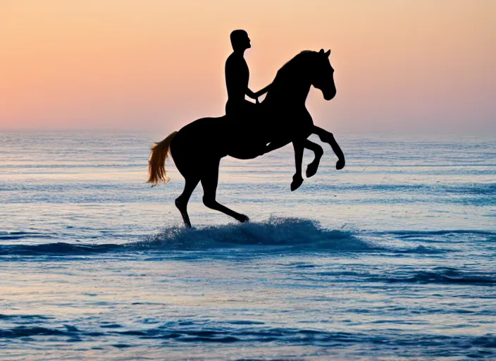 Prompt: a horse surfing at the beach before sunset in malibu, high quality photo