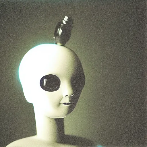 Prompt: close up portrait of a humanoid robot with a light bulb head and light is coming out of it, polaroid, photo taken in a back storage room