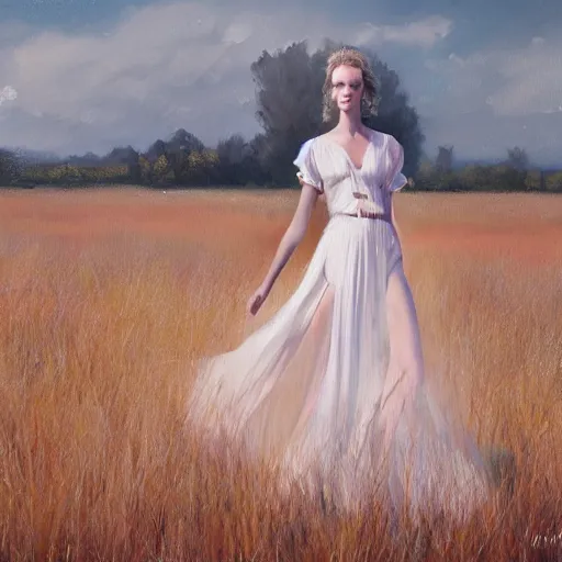 Image similar to a vogue model in a field, oil painting, pale colors, high detail, 8 k, wide angle, trending on artstation,