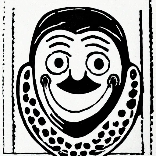 Prompt: linocut of a humanoid smiling pickle
