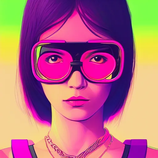 Prompt: a woman with pink glasses and a necklace, cyberpunk art by Ilya Kuvshinov, behance contest winner, retrofuturism, retrowave, synthwave, darksynth