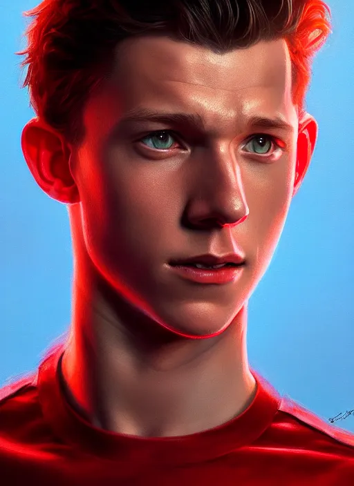 Image similar to portrait of tom holland with hazel eyes, hazel eyes, red shirt, intricate, elegant, glowing lights, highly detailed, digital painting, artstation, concept art, smooth, sharp focus, illustration, art by wlop, mars ravelo and greg rutkowski