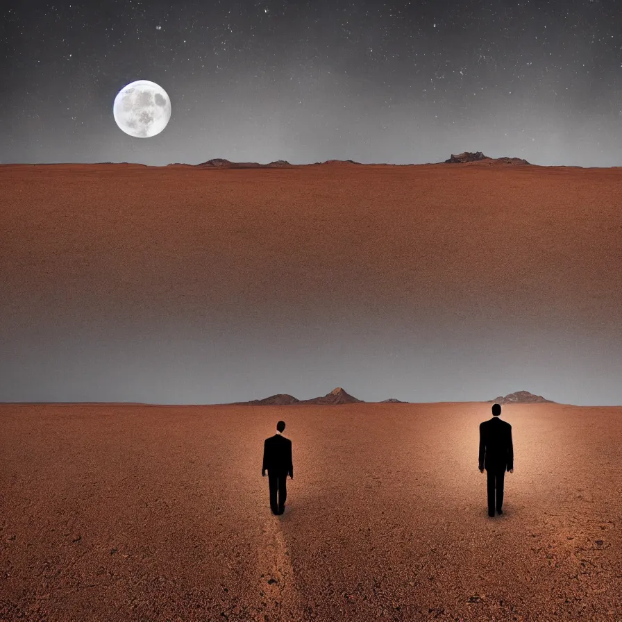 Image similar to a surreal landscape of a powerful man wandering in a vast desert lit by a frightening moon