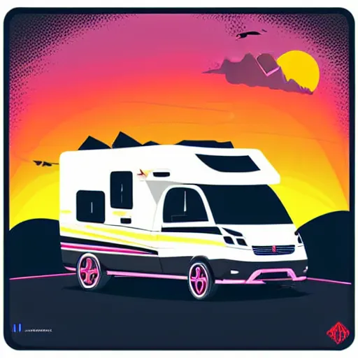 Image similar to vector art of a white and black cute thor chateau! motorhome camper!!, highway, mountains and colorful sunset!!, very very happy, dramatic motion, warm colors, crisp lines, very minimal vector art, sticker!! by tom whalen