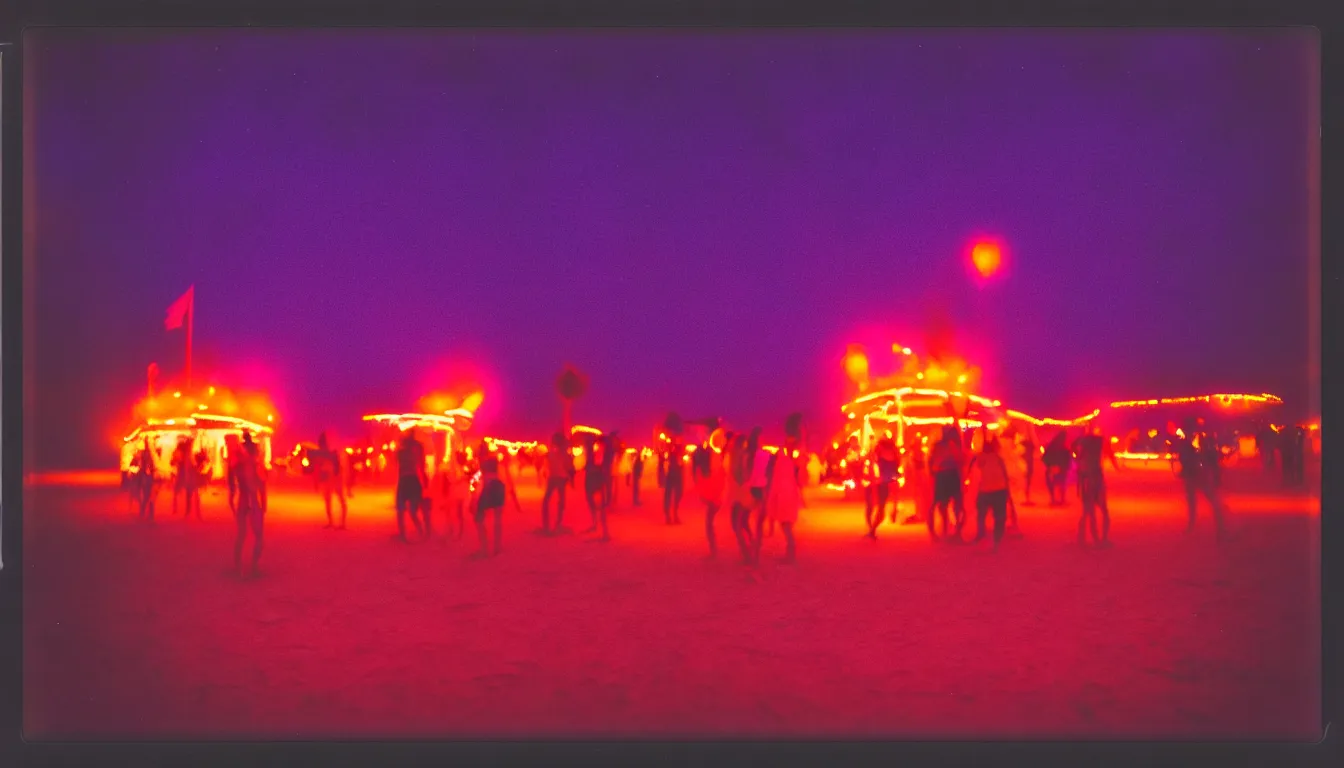 Image similar to colorful instant photograph of burning man at night, polaroid, light leak, raw, nostalgic