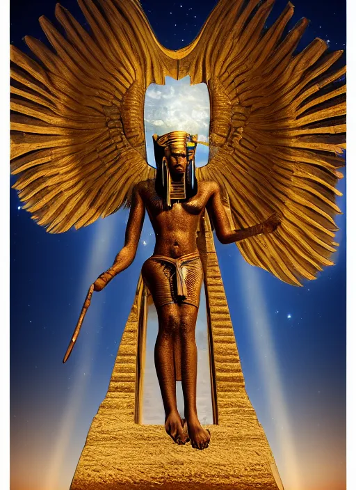 Image similar to a spectacular 3 d matte painting of ancient egypt god ra with golden feathers, diaphanous moonlight, worship, tarot, religious, backlit, hyperrealistic, ultrawide angle, smooth, texture, intricate, fantasy, trending on artstation, volumetric lighting, hyperdetailed, 3 d sculpture, unreal engine