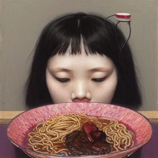 Prompt: girl eating ramen, portrait face, colorful, frantisek kupka, intricate, miles johnston, kuroda seiki, cynical realism, ozabu, john william godward, painterly, yoshitaka amano, moebius, miles johnston, louise zhang, james jean, mark ryden lowbrow pop surrealism art style