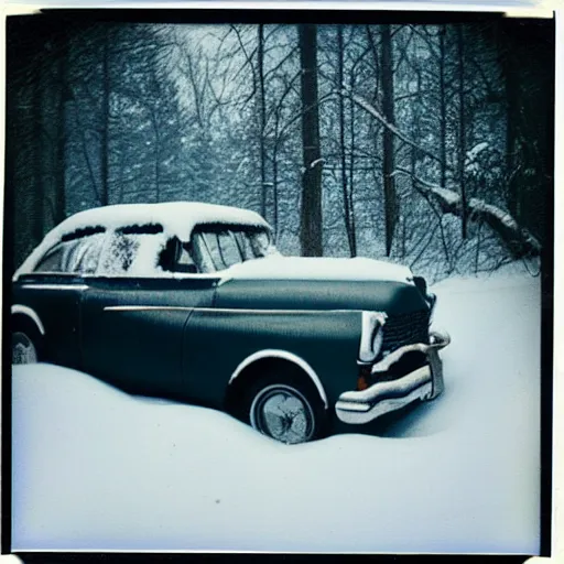 Image similar to vintage polaroid photograph of a car in a snowy forest