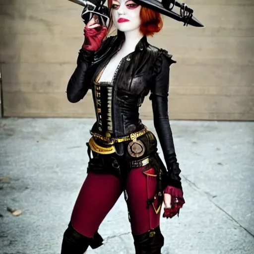 Prompt: full body photo of emma stone as a steampunk rogue with daggers