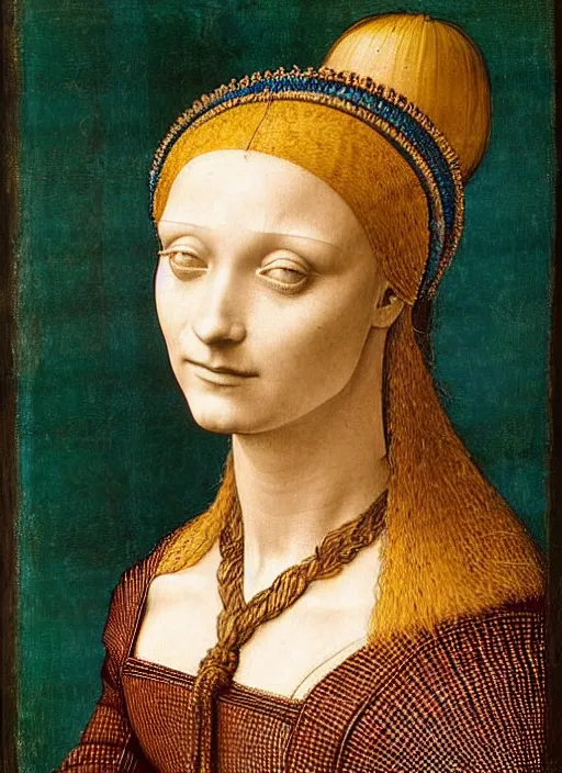 Prompt: portrait of young woman in medieval dress and medieval headdress, blue eyes and blond hair, style by the leonardo da vinci