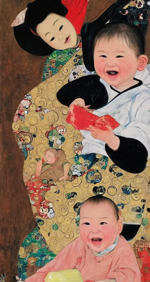 Image similar to A baby girl sitting, toy in hand, selfie, big smile, art by Qi Baishi and Klimt