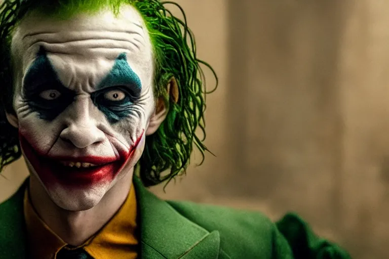 Image similar to Barry Keoghan as the Joker in 'Joker 2' (2024), movie still frame, promotional image, imax 70 mm footage, oscar nominated cinematography, volumetric lighting, 8k resolution
