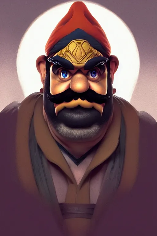 Image similar to a portrait of wario from mario bros., fantasy, sharp focus, intricate, elegant, digital painting, artstation, matte, highly detailed, concept art, illustration, ambient lighting, art by ilya kuvshinov, artgerm, alphonse mucha, and greg rutkowski