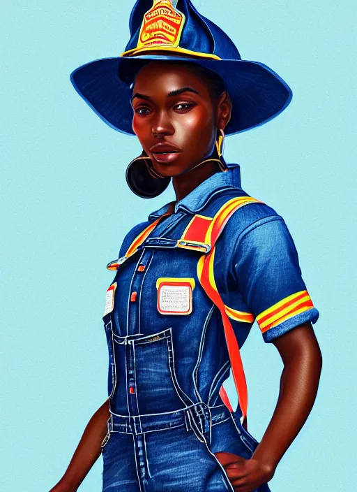 Image similar to full body portrait of young black woman as a firewoman, white t - shirt and blue denim overalls, firemans hat, intricate, beautiful and elegant, highly detailed, digital painting, artstation, concept art, smooth, sharp focus, illustration, art by wlop, mars ravelo and greg rutkowski