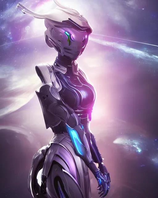 Image similar to perfect android girl on a mothership, warframe armor, beautiful face, scifi, futuristic, galaxy, nebula, bae suzy, dreamy, long white hair, blue cyborg eyes, sharp focus, cinematic lighting, highly detailed, artstation, divine, by gauthier leblanc, kazuya takahashi, huifeng huang