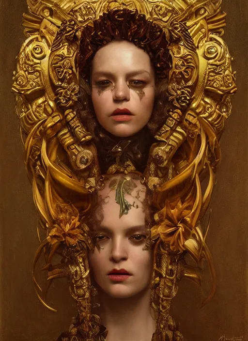 Prompt: highly detailed oil painting | very intricate | cinematic lighting | award - winning | golden baroque tiki mask fashion by alexander mcqueen | by roberto ferri, by tom bagshaw, by j. c. leyendecker and klimt, american romanticism, by austin osman spare, artstation, cgsociety, official art, octane