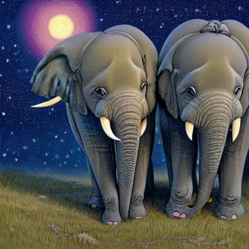 Prompt: two adult elephants and a baby elephant sleeping soundly under a starry sky surrounded by savannah, illustration, detailed, smooth, soft, warm, by Adolf Lachman, Shaun Tan
