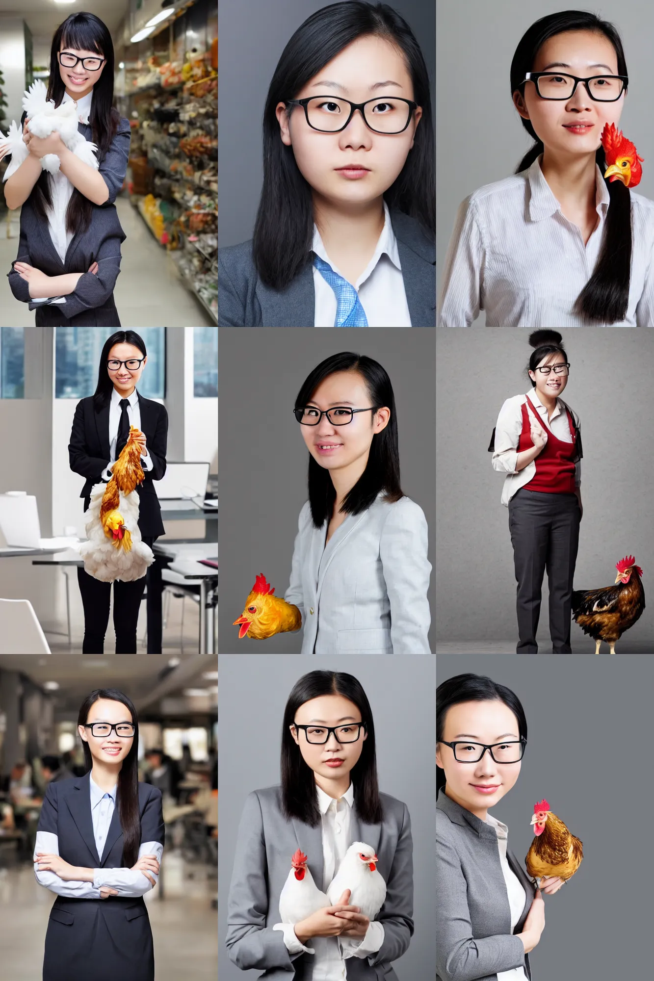 Prompt: a young chinese female manager with a chicken head, wearing glasses, receding hairline