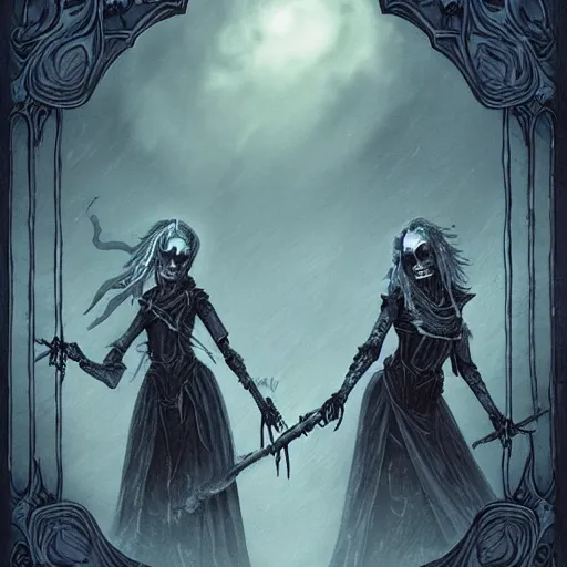 Prompt: a tarot card of a two female necromancers, raising skeletons, ominous nighttime storm, fantasy, d & d, intricate, elegant, highly detailed, digital painting, artstation, concept art, matte, sharp focus, illustration, art in the style of disney