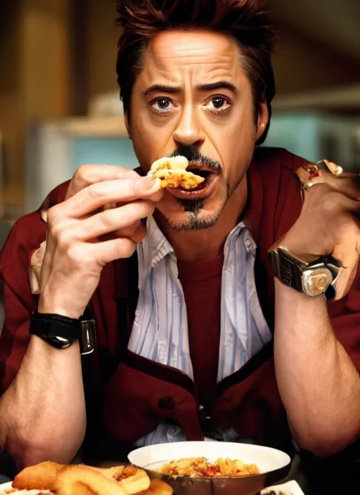 Prompt: a full portrait photo of robert downey jr eating mcdonald in movie iron man, f / 2 2, 3 5 mm, 2 7 0 0 k, lighting, perfect faces, award winning photography.