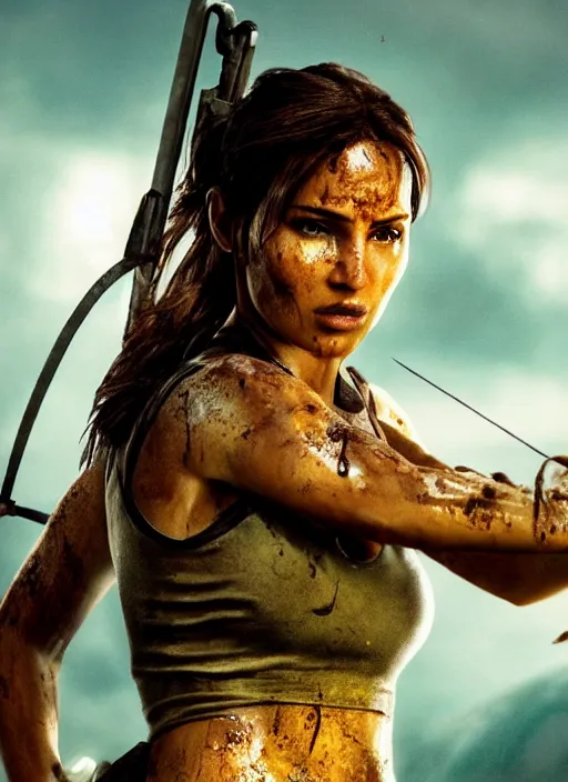 Image similar to a film still of lara croft as cop, her face muddy and sweat, direct sun light, close up potrait, cinematic,
